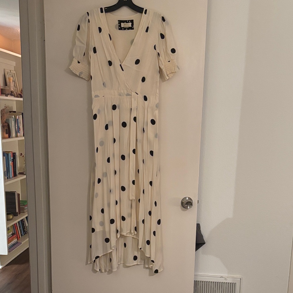 Anthropologie Cream and Black Polka Dot High Low, faux wrap dress